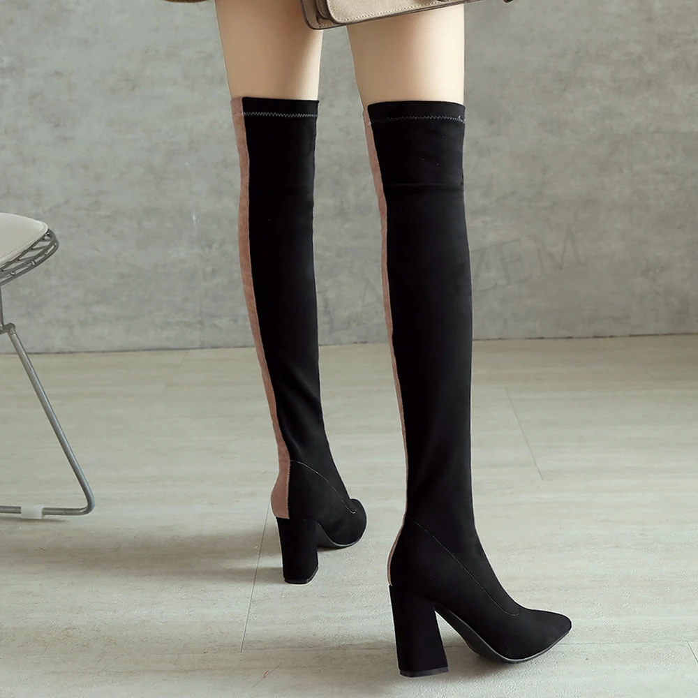 LAIGZEM/женские ботфорты выше колена; замшевые высокие сапоги без застежки; обувь двух цветов; женская обувь; botas mujer; большие размеры 33-40