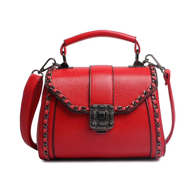 

Women's Bag PU Leather Rivet Shoulder Bag Fashion Chain Weaving Crossbody Bags Female Top-handle Small Handbag Black Red Bolsas
