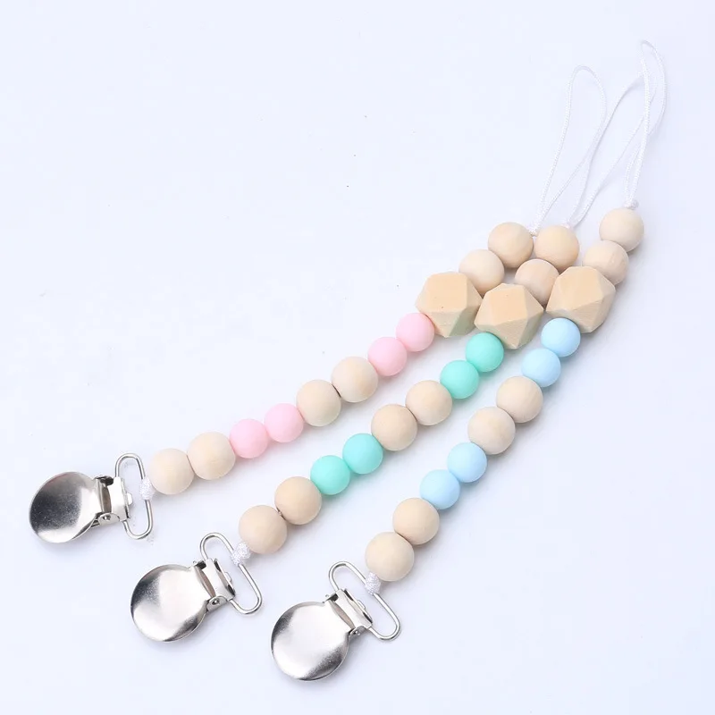 ideacherry Baby Pacifier Clips Infant Silicone and Wood Pacifier Chain Baby Soother Chew Toys Baby Shower for Toddler Kids Gifts