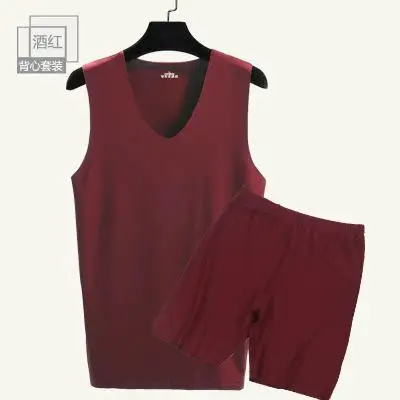 Мужская Бесшовная майка с v-образным вырезом и шорты, 2 предмета, мужская повседневная домашняя пижама, Мужская 9636 - Цвет: wine red