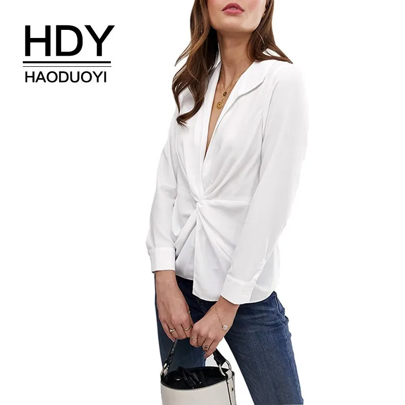 HDY Haoduoyi New Arrival Deep V Outer Collar Knot In Front Tops Sexy Personality Elegant Long Sleeve Conventional Women Shirt