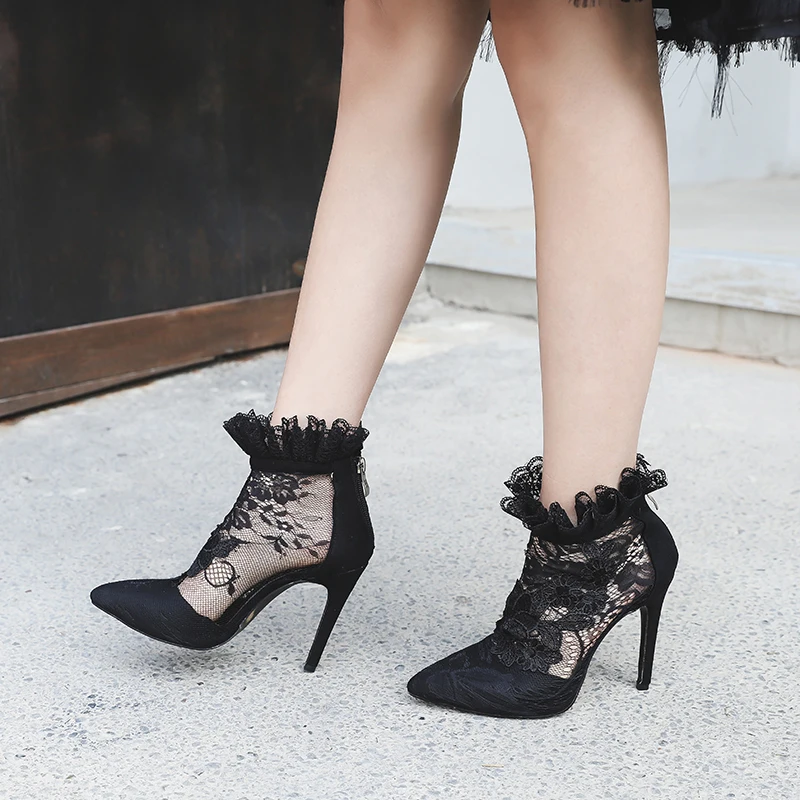 

black mesh women's boots fashion pointed toe lace high heels women transparent ankle boots female sandals wedding shoes pumps