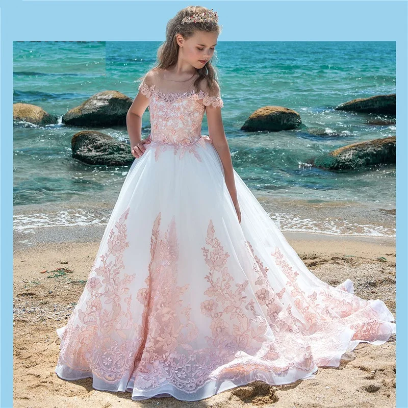 24 White Flower Girl Dresses With Pink Applique Pageant Dresses For Girls 2018 Pretty Communion Dresses Party Gowns For Girls New (1)