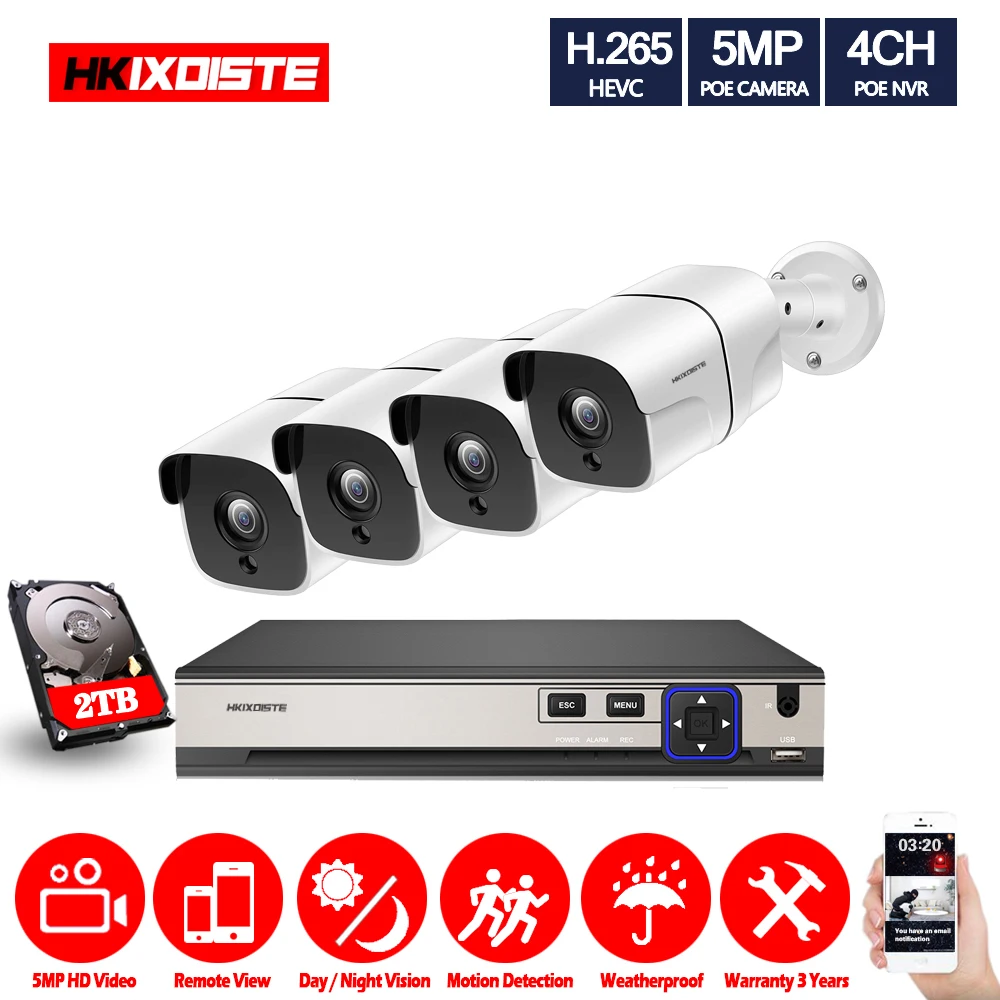 

4CH 5.0MP Home Security NVR POE CCTV IP Camera System SONY 5MP 2592*1944 In/Outdoor IR-CUT 48V Surveillance Kit POE Power supply