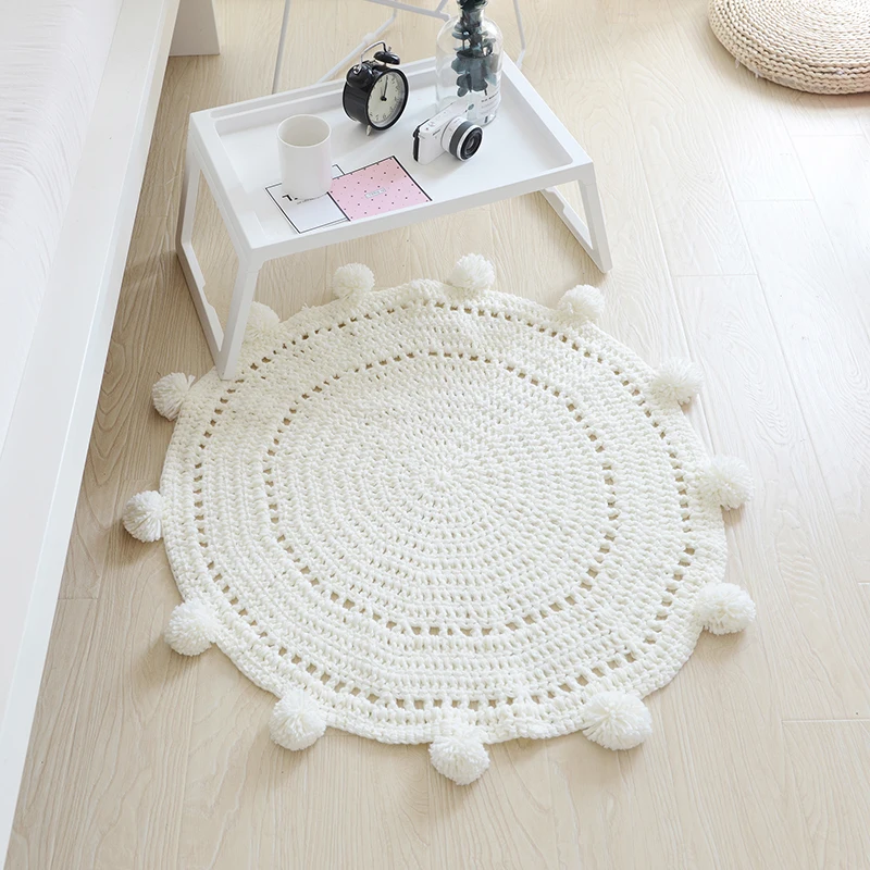 

4 Colors Available Pure White Hollow Hand Woven Carpet Mat European Round Mats Bedroom Decor Kids Room Play Rug Knitting Carpet