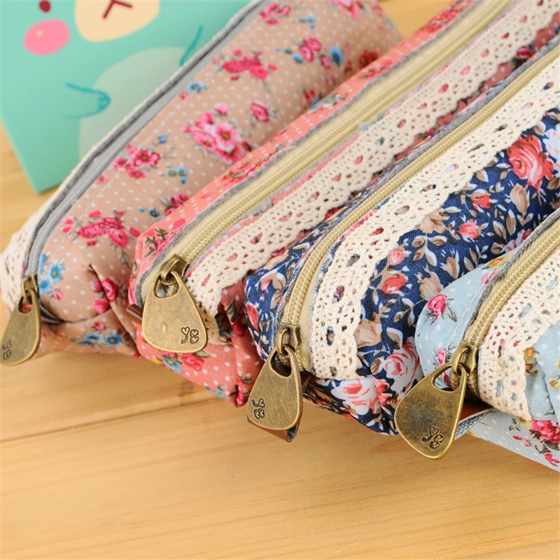 Fashion Mini Retro Flower Floral Lace Pencil Shape Pen Bag Make Up Bag Zipper Pouch Purse 1 Pcs Pencil Cases Pen Storage Bag