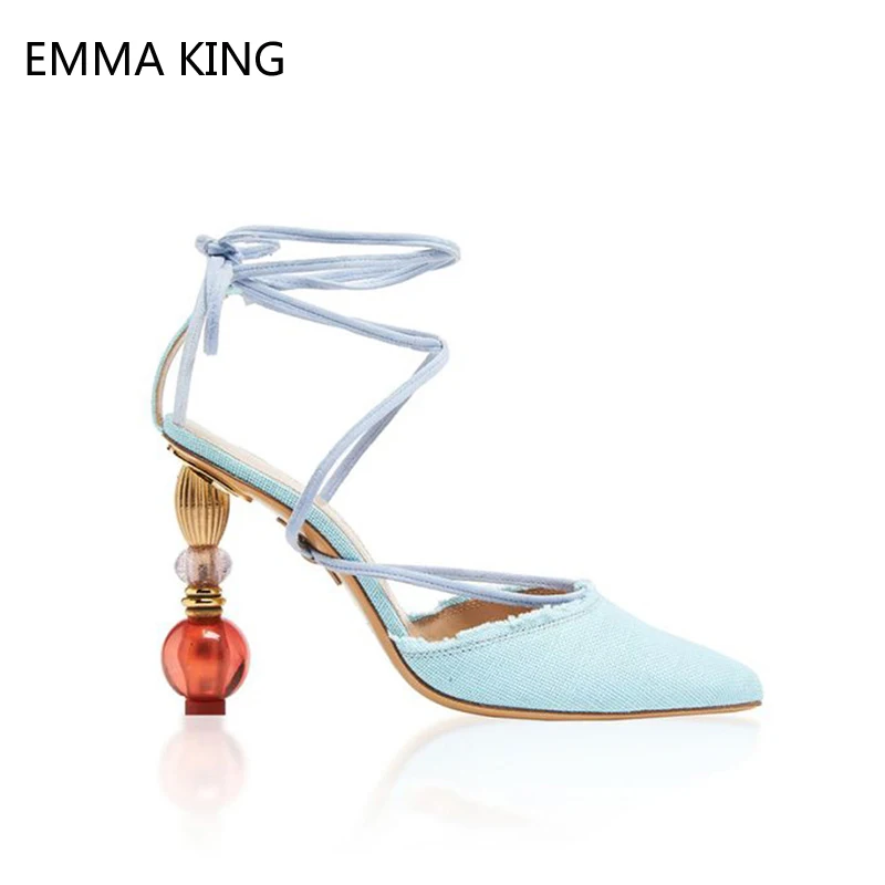 

Fashion Runway Designer Strange Heels Sexy Lace-up Women Pumps Pointed Toe Sexy Ankle Straps Dress Party Shoes Ladies Sandals