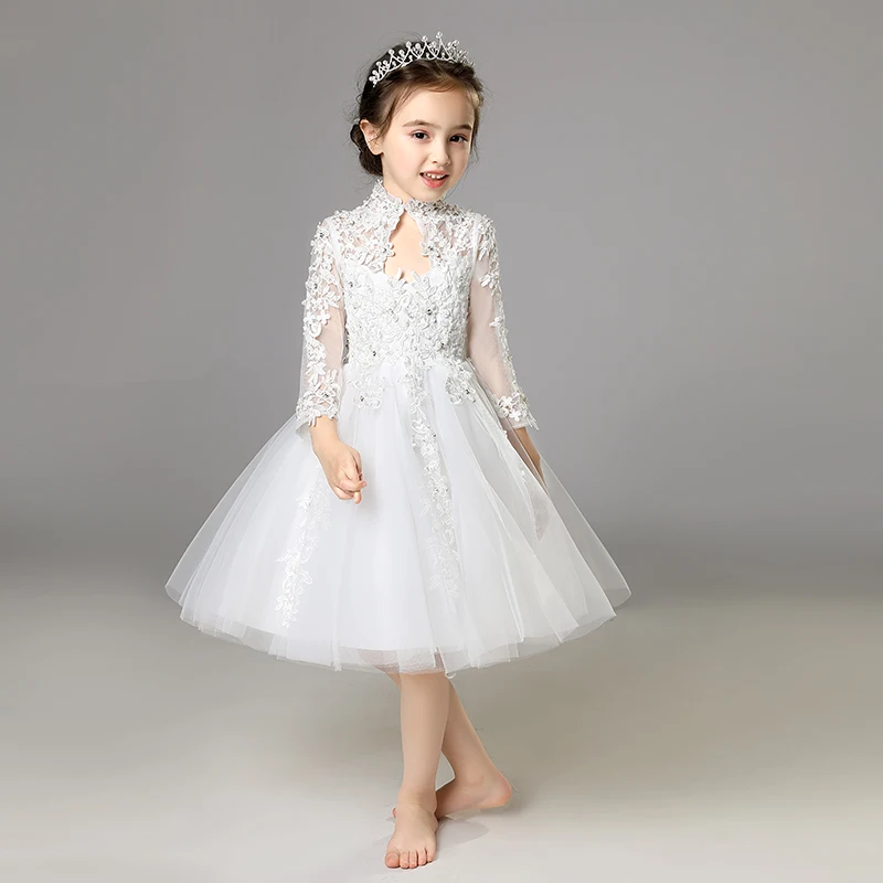 

Elegant White Lace Sequin Girls Dress Long Sleeve Girl Princess Dress Girl Wedding First Communion Dress for Pageant Formal
