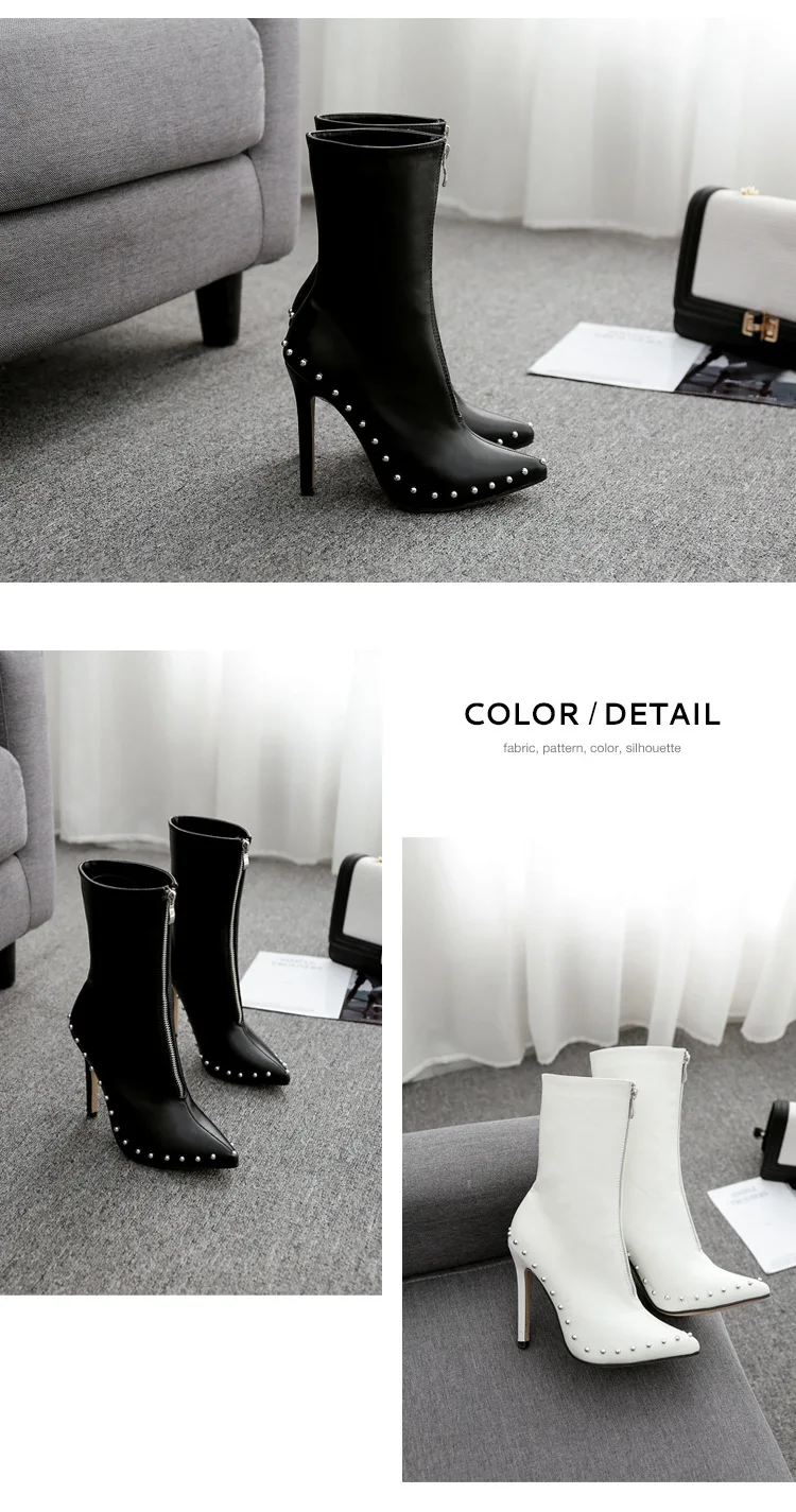 Женские ботинки с леопардовым принтом; обувь на очень высоком каблуке с острым носком и заклепками; цвет черный, белый; женская обувь; ZL-FD