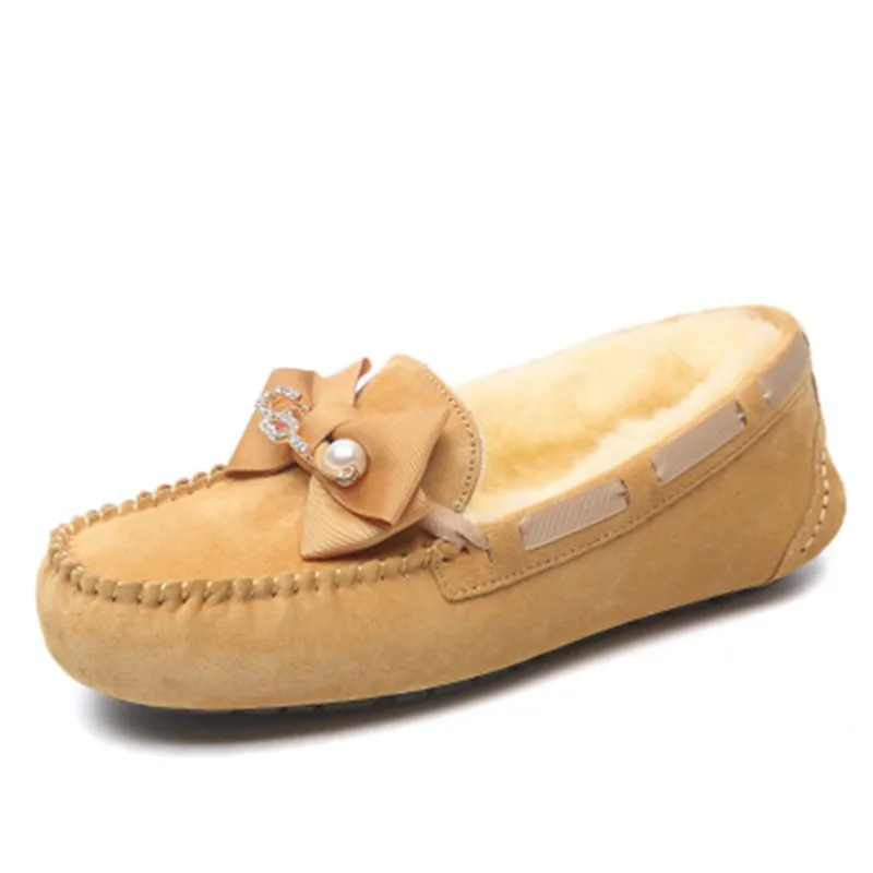 CUWHF/Женская обувь из натуральной шерсти с бантом; женские зимние ботинки из натуральной овечьей кожи; Повседневная зимняя обувь; женские кожаные зимние ботинки