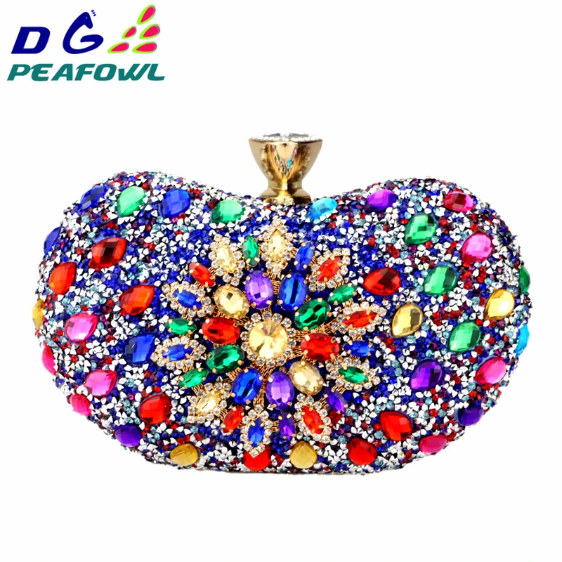 DG PEAFOWL Two Side Luxury crystal Floral Clutch chain bag evening woman diamond wedding Shoulder wallet purse Handbags 5 colors