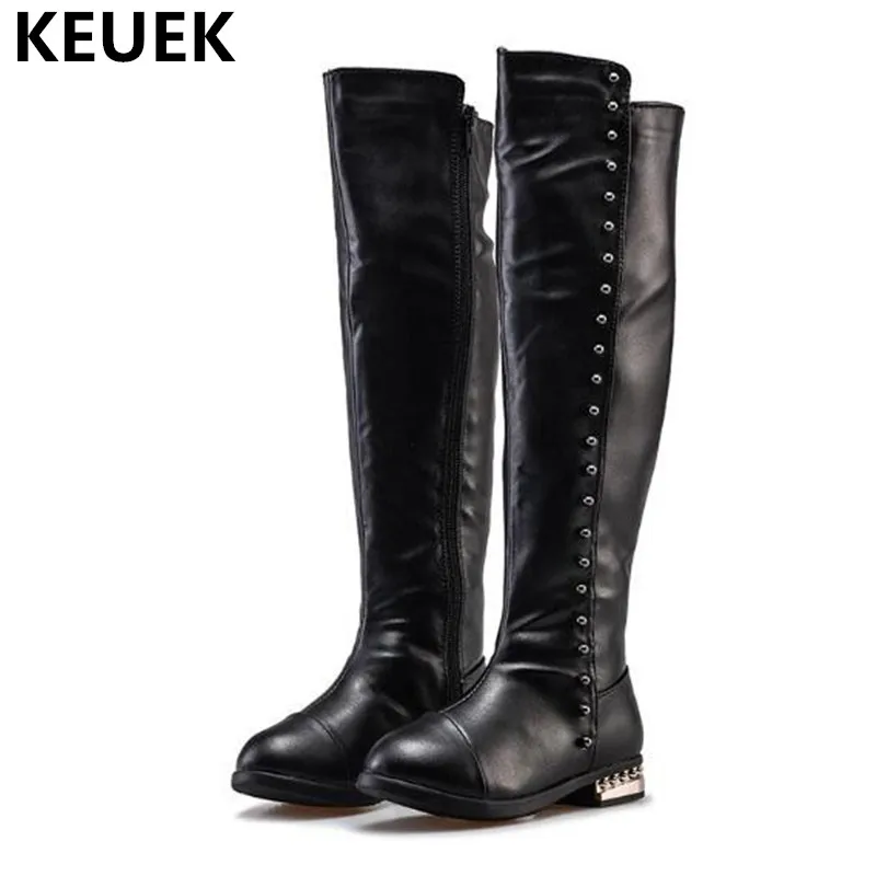 

2018 New Girls Boots Children Princess Knee-High Boots Kids Shoes Warm Plush Fashion Rivet Snow Boots Baby Student PU Leather 04