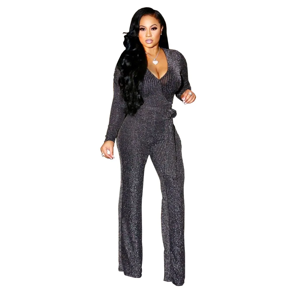 New Sexy Deep V Neck Glitter Wide Leg Jumpsuit Elegant