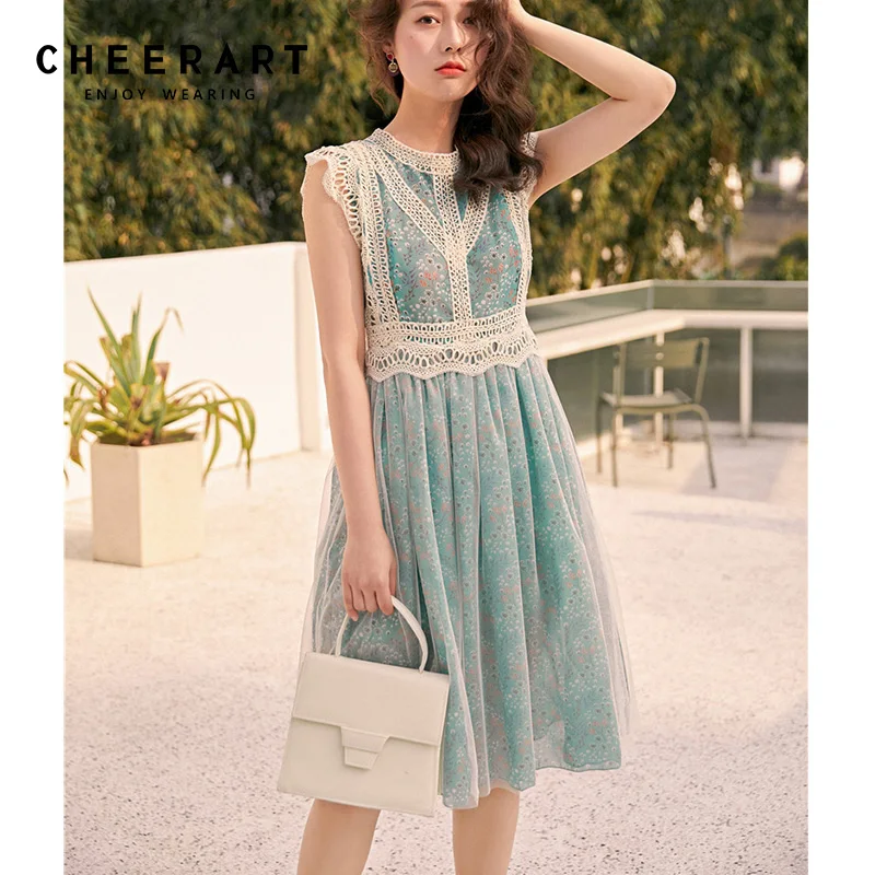 

Cheerart Blue Lace Dress Women Sleeveless Floral Mesh Dress Summer Tunic Ladies Party Dress Elegant Evening Clothes