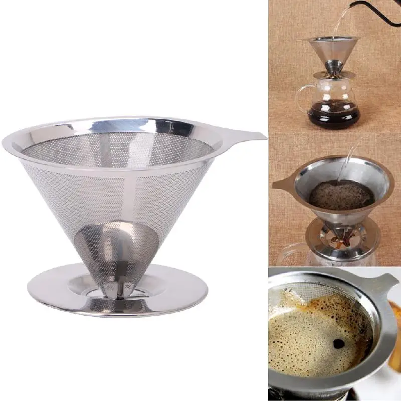 Stainless Steel Mesh Coffee Filter Paperless Pour Over Cone Dripper Reusable durable quality dual layer solid stainless steel coffee filter dripper refillable holder handle