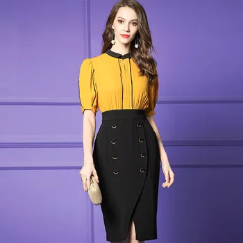 

Women office wear OL elegant plus size dress short sleeve yellow patchwork black sexy pencil dresses 2019 summer new