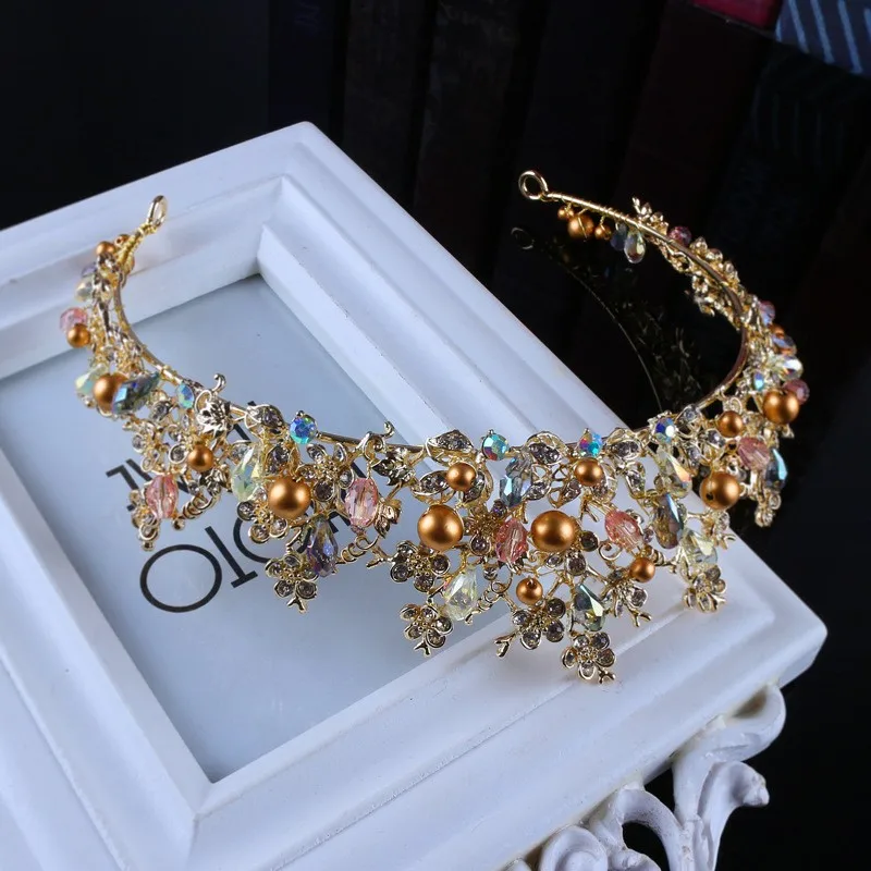 Luxury Pink Gold Pearl Bridal Crowns Handmade Tiara Bride Headband Crystal Wedding Diadem Queen Crown Wedding Hair Accessories