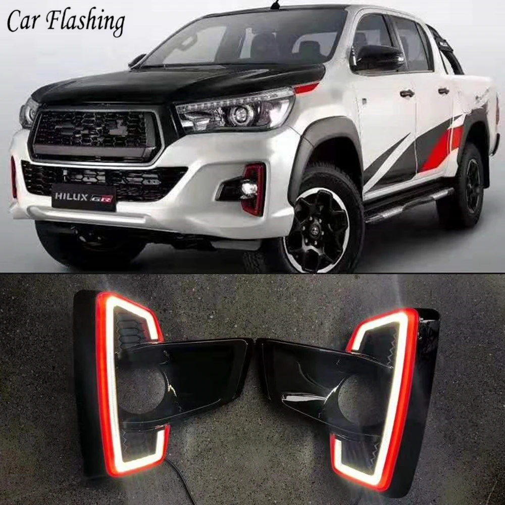 

2PCS LED Daytime Running Light For Toyota Hilux Revo Rocco 2018 2019 Turn Yellow Signal Relay Car 12V LED DRL Daylight