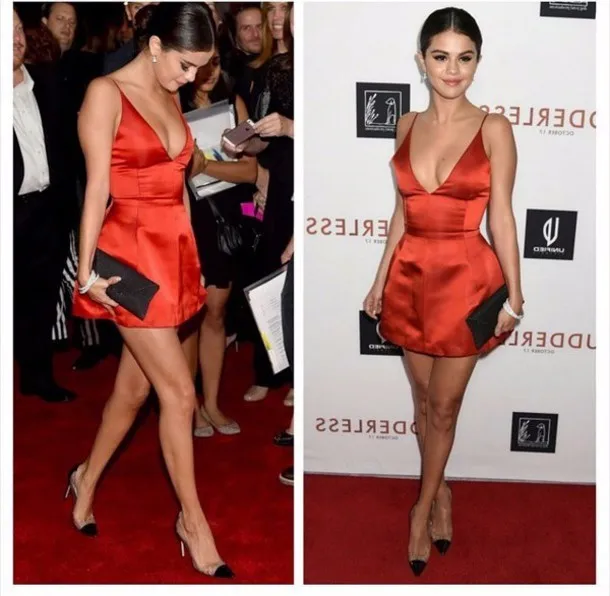 Сексуальная V шеи Спагетти ремень оранжевый атлас A Line Мини Короткое платье знаменитостей Selena Gomez платья для красной дорожки