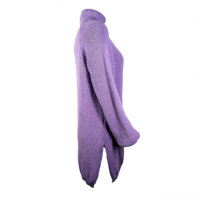 Women Purple Knitted Sweater Autumn Winter New 2019 Fashion Hem Split Loose Casual Pullover Turtleneck Long Sweater 154