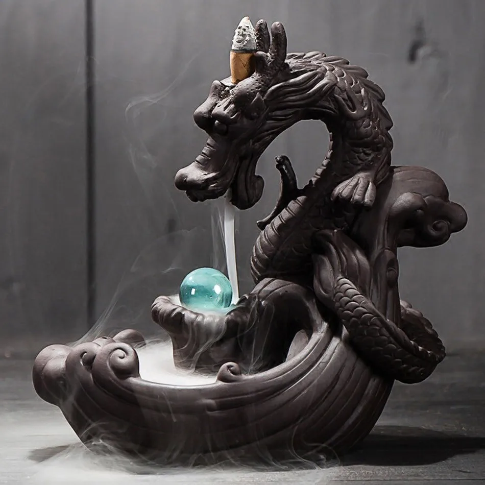 Quemador de incienso quemador de incienso con flujo de retorno de cerámica decoración creativa del hogar soporte de incienso de dragón con bola de cristal + 20 piezas de incienso|Incienso y quemadores de incienso| - AliExpress