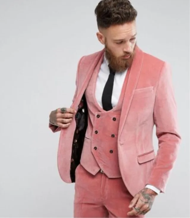 TPSAADE, 3 предмета, Модный Зимний свадебный костюм для жениха, приталенный Розовый бархатный мужской костюм-смокинг(пиджак+ жилет+ брюки), Индивидуальный размер