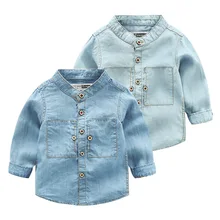 Детские рубашки с длинными рукавами для мальчиков джинсовые джинсы тонкий Тренч для мальчиков, одежда однотонные топы для мальчиков, футболки, два цвета