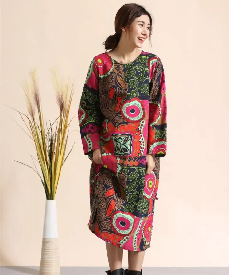 Хлопок, сделанный с напечатанным узором цветов, свободные китайские длинные халаты, повседневные уникальные платья в стиле ретро, весенний винтажный наряд для торжественных событий в китайском стиле