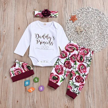

Newborn Baby Girls Clothes Set Cotton Long Sleeve Top Romper Flowers Pants Headband hat 4pcs Outfits Clothes set