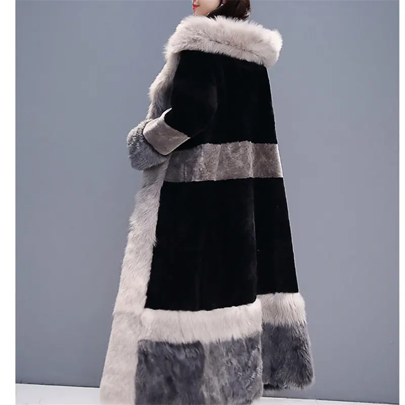 Новое Осеннее зимнее пальто из искусственного меха женская одежда размера плюс большой меховой воротник с капюшоном Модное Элегантное толстое теплое длинное меховое пальто