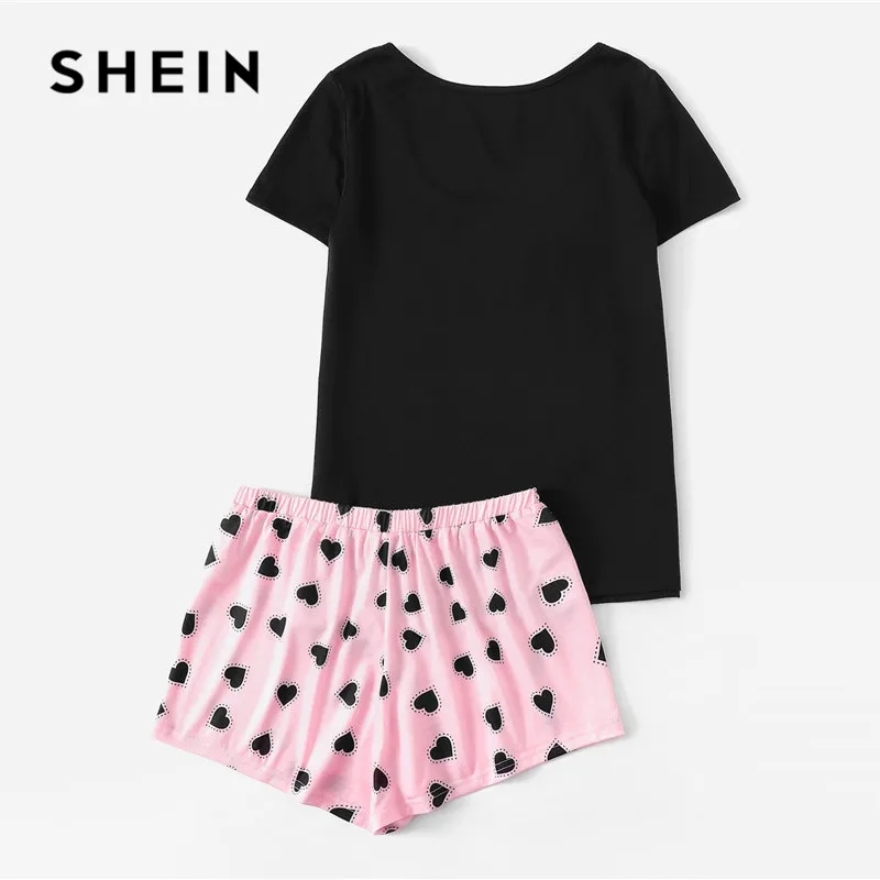 SHEIN Пижамный Комплект Футболка С Текстовым Принтом И Шорты С Кулиской Пижамный Комплект