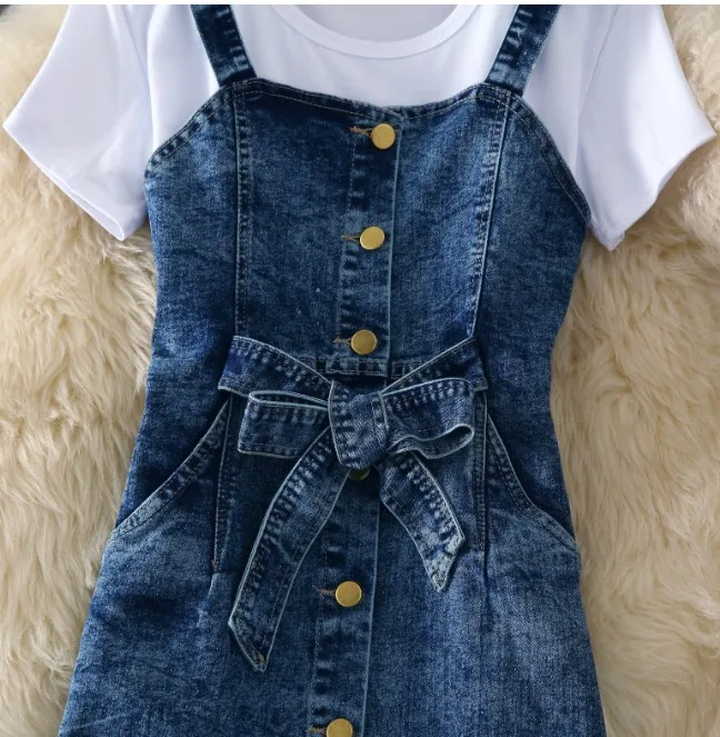 Wholesale Price bN0hz 2019 New Spring and Summer Student Girls Simple White T shirt + Strap Single Breasted Denim Dress Two piece Women's Dress Set
