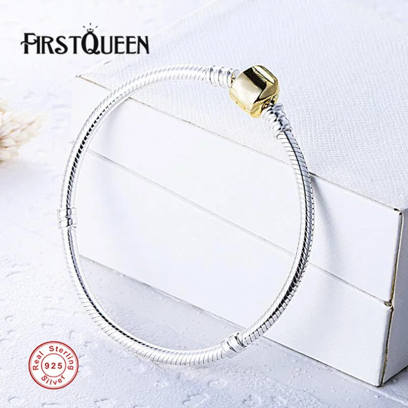 

FirstQueen Silver Charm Bracelet With 14K Gold Plated Clasp Fit Brand Charms Beads Anniversary DIY Gift For Jewelry Making