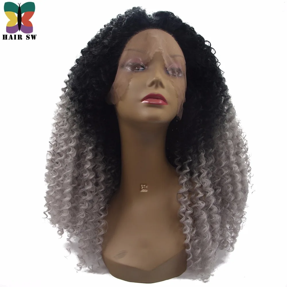 Hair Sw Long Synthetic Afro Kinky Curly Lace Front Wig Afro Grey