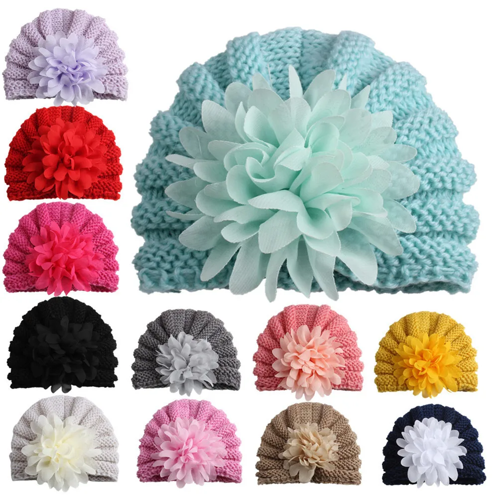 

12pcs 2017 Baby Knitting Hat Photography Accessories Girl Flower india Cap Touca Infantil turban hat
