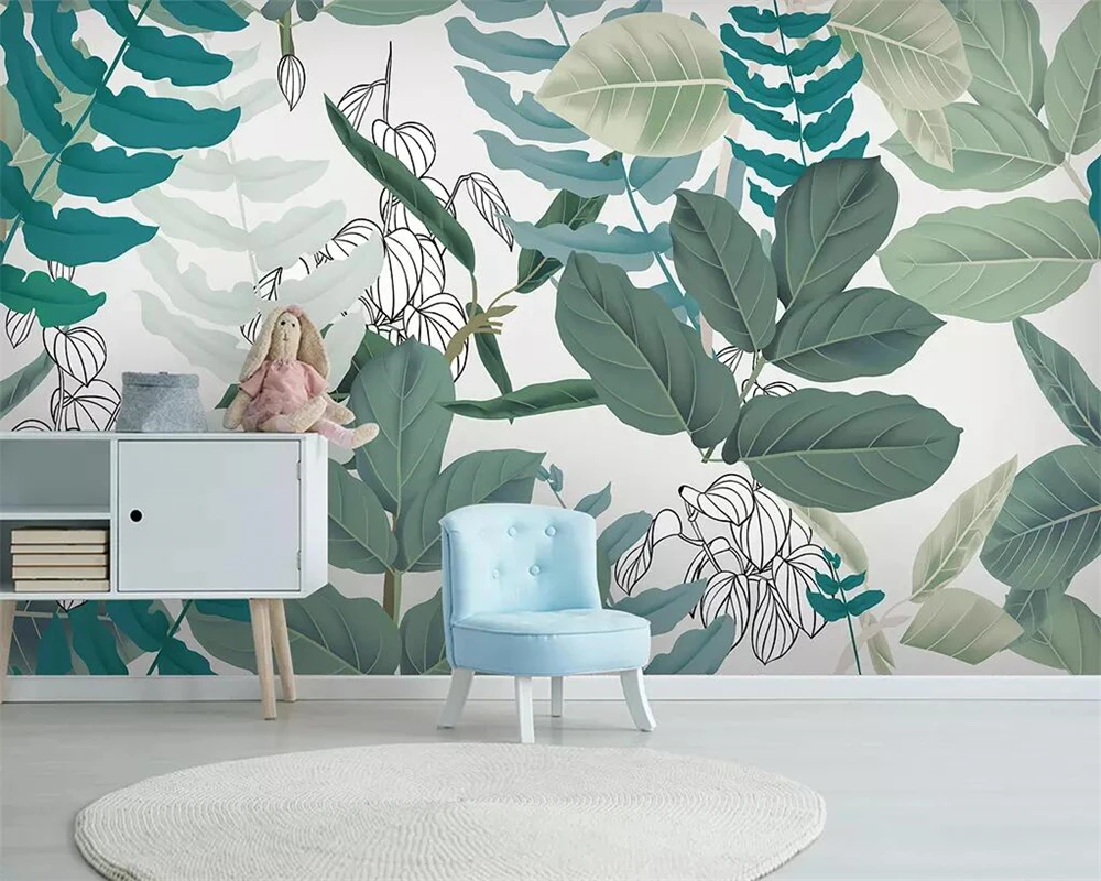 

beibehang Home improvement wallpaper mural Nordic simple small fresh green leaves watercolor floral TV background 3d wallpaper