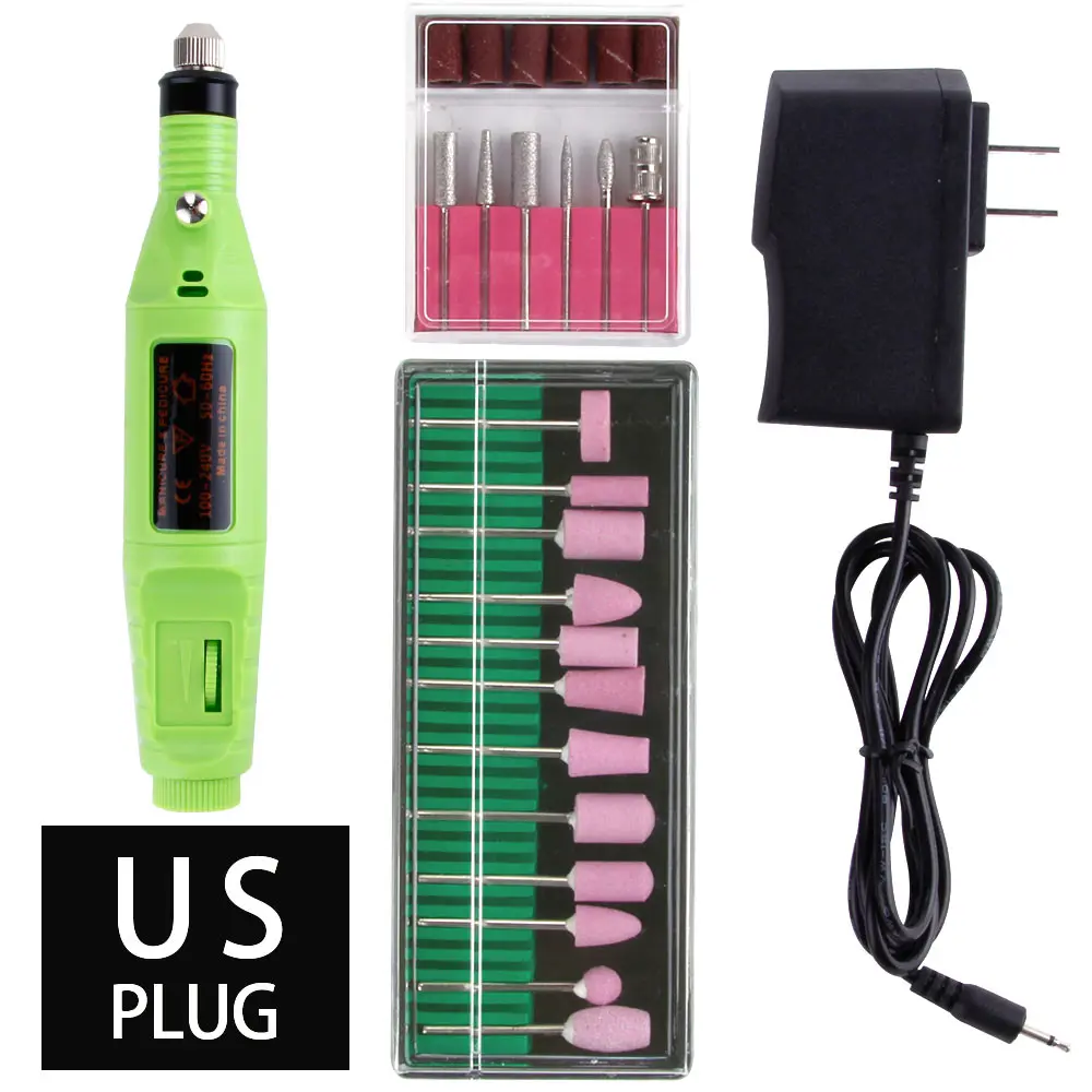 Green US Plug Электрический Фрезер для маникюра машина 12 шт. Керамика и сверлами для ногтей гель для удаления кутикулы маникюр; педикюр; полировка Фрезы Инструменты - Цвет: Green US Plug