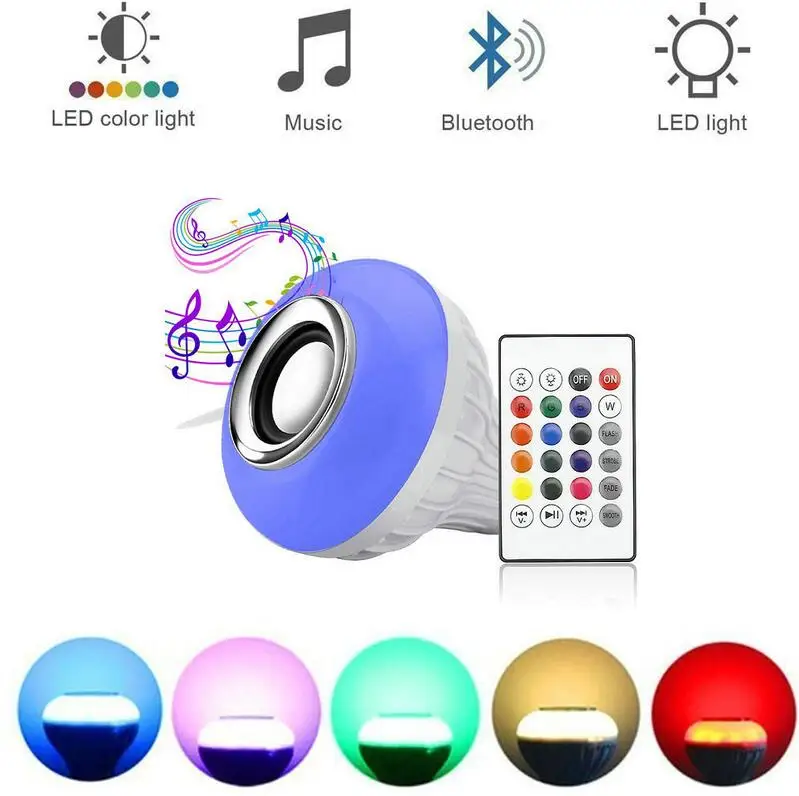 Smart E27 rgb-колонка с bluetooth светодиодный лампочка 12 W музыка играет затемнения Беспроводной светодиодный лампы с 24keys дистанционного Управление
