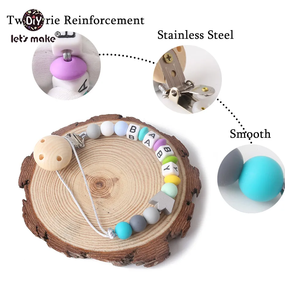 Let's Make Baby Teether 1 шт., цепочка для соски с сумкой, мини-корона, силиконовые бусины, буквы, деревянные клипсы, Настраиваемые детские игрушки для прорезывания зубов