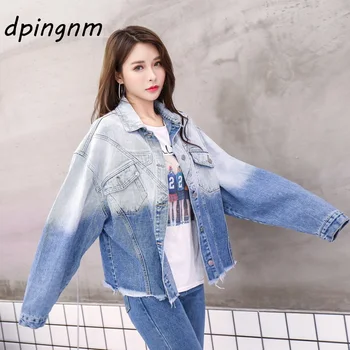 

Colorblock Denim Jacket Women 2018 Autumn Student Loose Jacket Long sleeve Single-breasted BF Style Casual Jacket Female