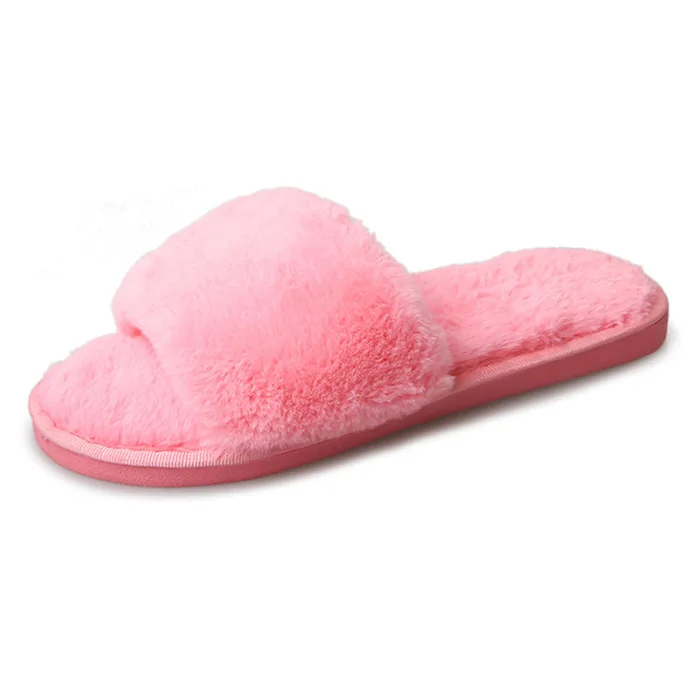 solid pink Домашние меховые тапочки; коллекция года; Теплая обувь на платформе; женские мягкие Повседневные тапочки на плоской подошве без застежки; женская домашняя обувь - Цвет: solid pink