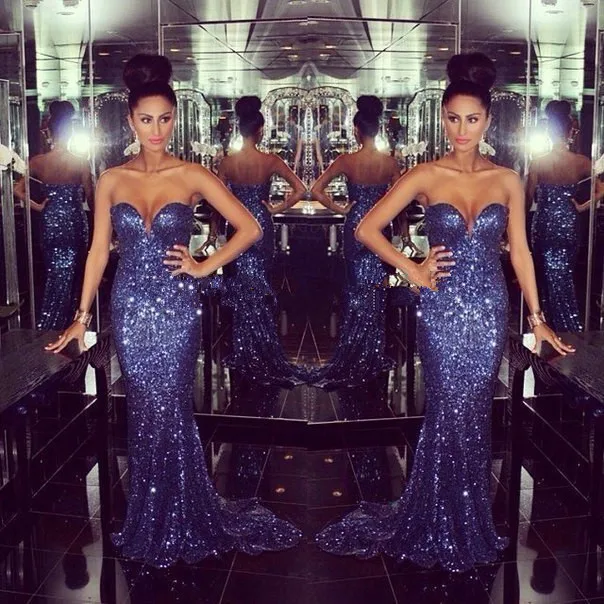 

Dazzling Sparkly Mermaid Prom 2018 Fashion New Navy Blue Sweetheart Sequins Long Prom vestidos de baile Mother of Bride Dresses