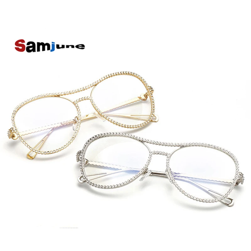 

Samjune Sunglasses Women Decorative Rhinestone Brand Designer Copper Frame Mirror lens Double Bridge Sun Glasses