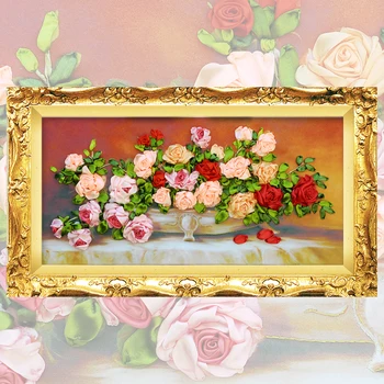 

Ribbon Embroidery diy Canvas Painting, Color Printed Flowers Picture Rose , Needlework Crafts Cross Stitch Kit Wall Decor C-0094