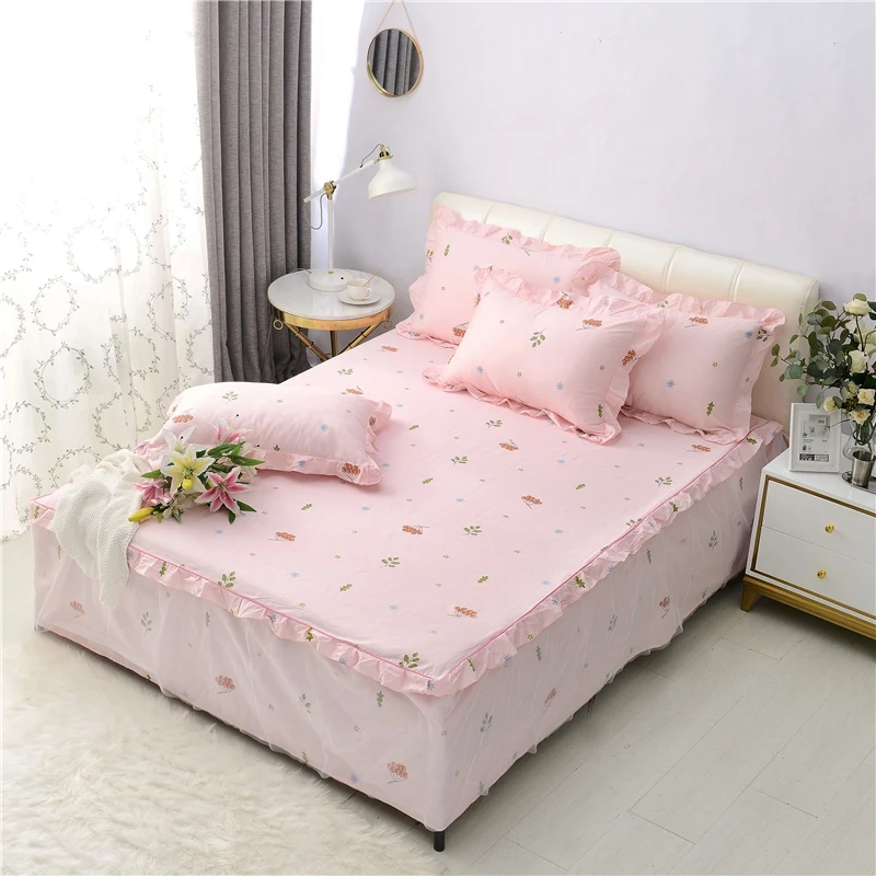 

100%Cotton Girls Pink Blue Ruffle Lace Bedskirt Pillow shams Twin Queen size150X200/160X200cm Bedskirt Bed sheet with Elastic