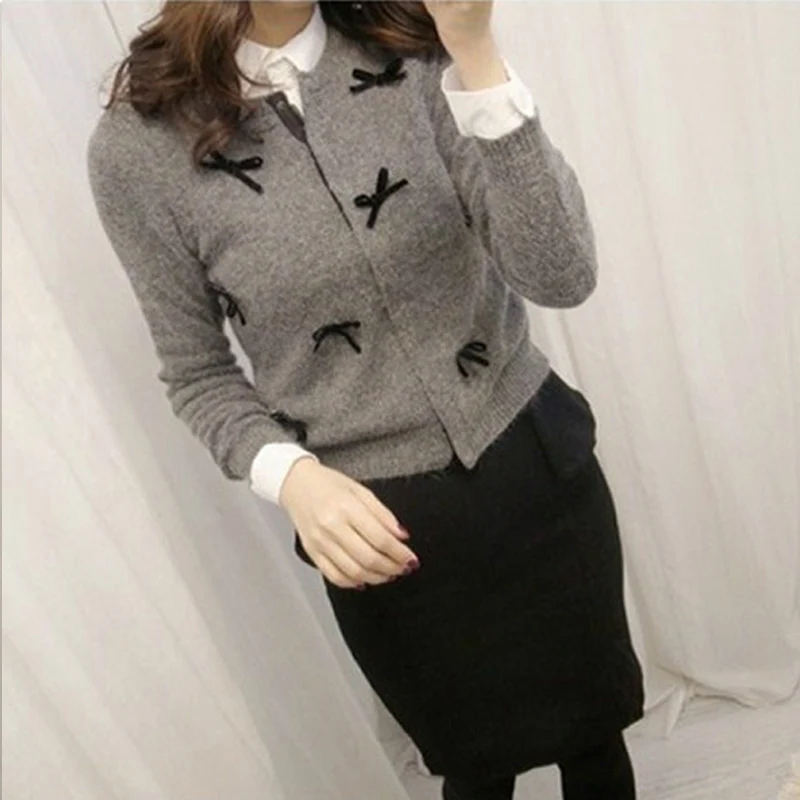 

Female Patchwork Sweater Button Cardigan Bow Lovely Jumper O-Neck Grey Sweaters Casual Women Autumn Knitting Spring Tops 0117-68