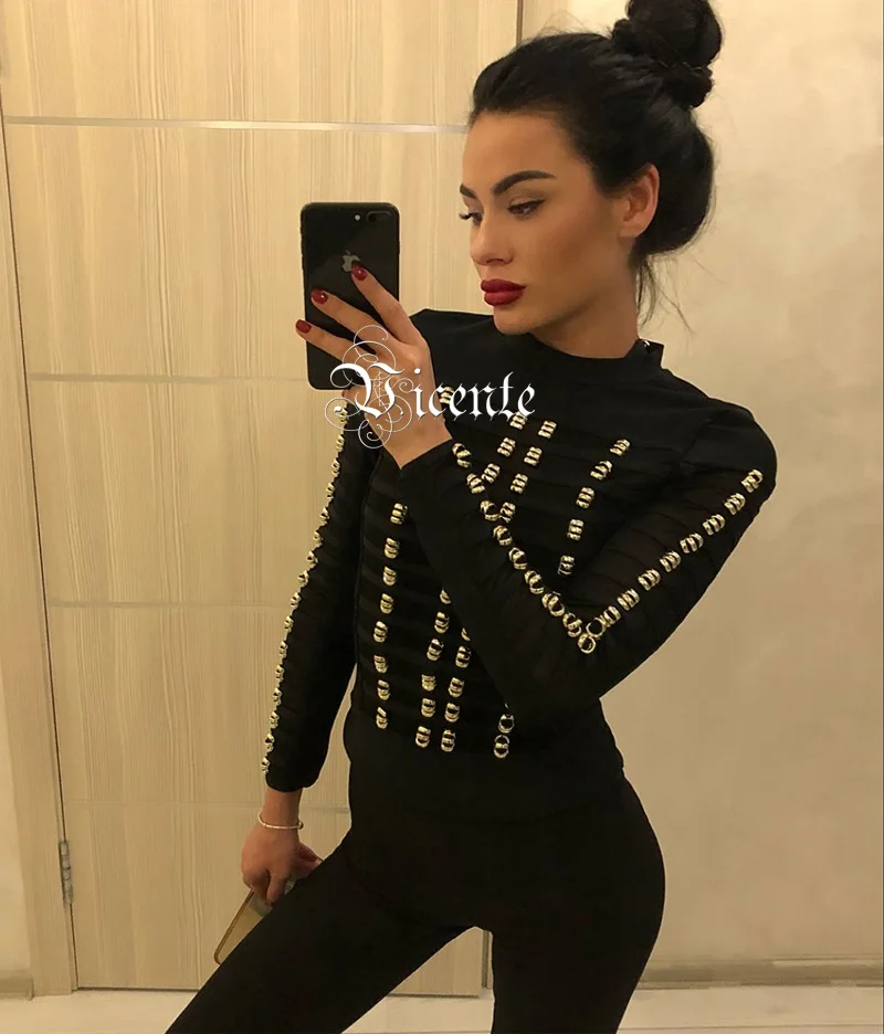 Vicente HOT 2019 New Runway inspired Heavywork Sexy Striped Mesh Metal Embellished Wholesale Women Bandage Bodysuit Bath Suit