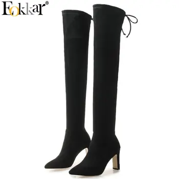 

Eokkar 2020 Women Over The Knee High Boots Pointed Toe Square High Heel Slip on Black Sexy Party Ladies Boots Plush Size 34-43