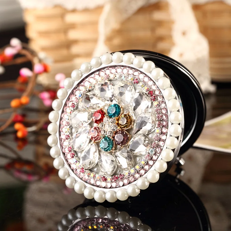 2 pcs/lot,Engrave words free,bling rhinestone crystal flower,Mini Beauty pocket mirror makeup compact mirror,wedding party gifts