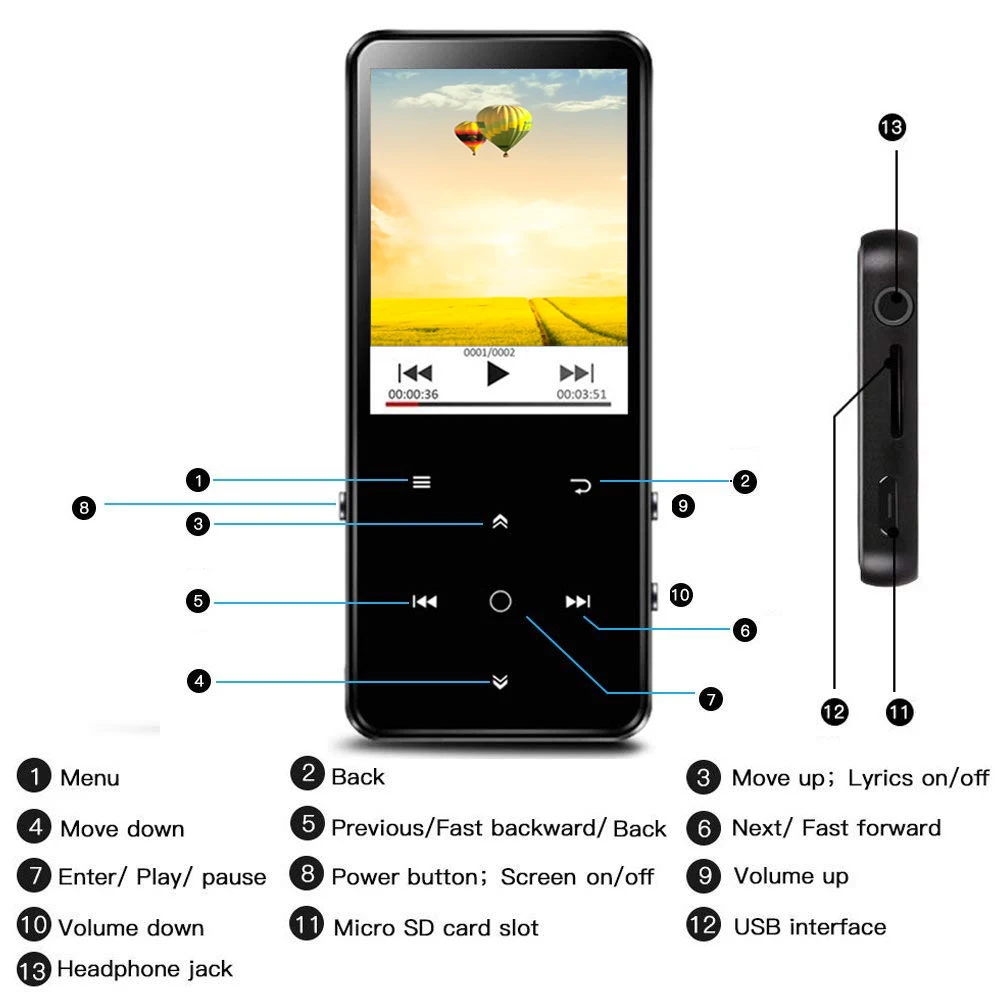 Bluetooth MP3-плеер встроенный динамик 16G HiFI без потерь Звук Музыкальный плеер 2.4in HD экран сенсорные клавиши fm-радио запись